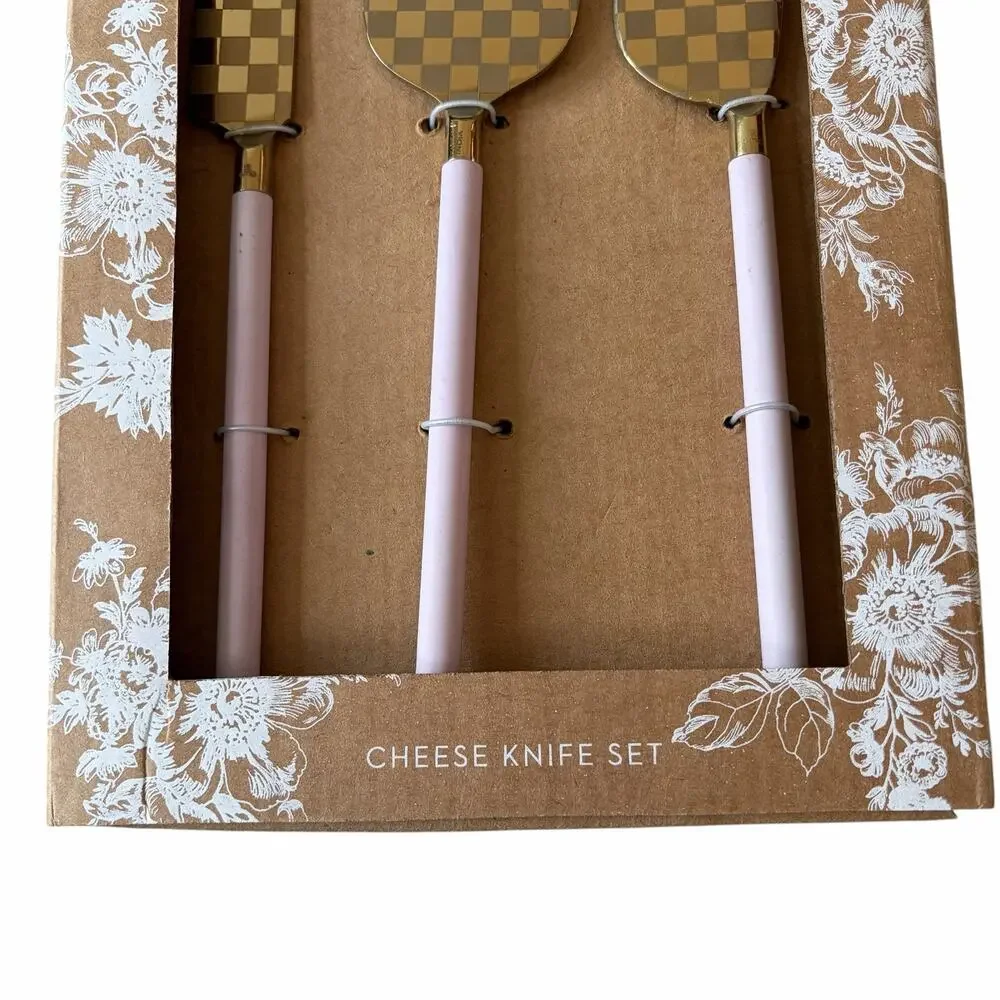 NEW MacKenzie-Childs Rosy Checked Cheese Knife Set of 3 in Original Box
